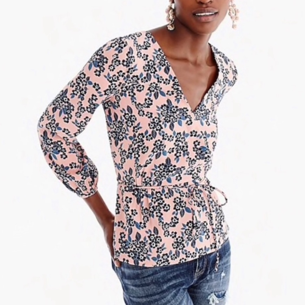 J. Crew Pink Floral V-Neck Faux Wrap Blouse